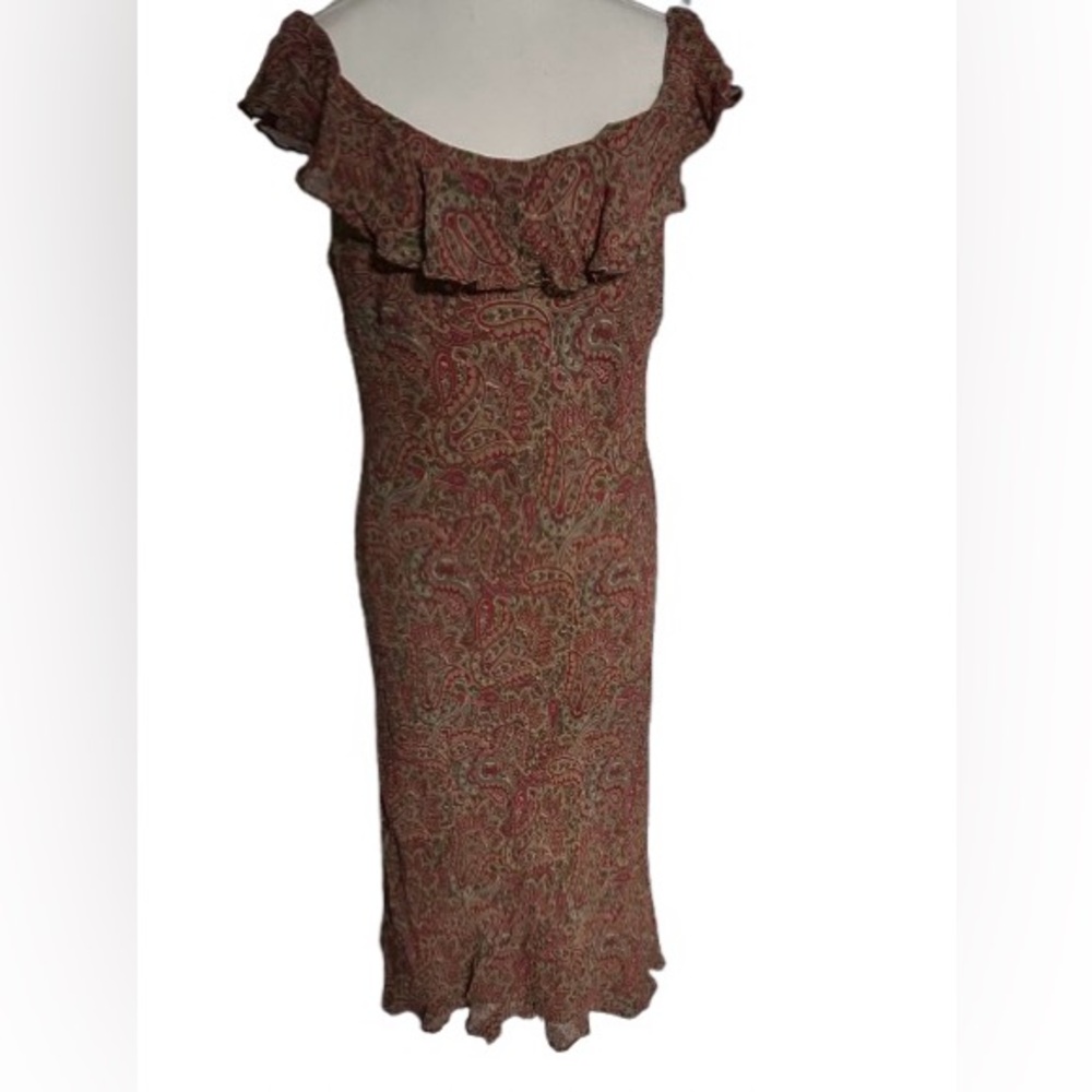 100% Silk RALPH LAUREN Paisley Vintage Dress Fairy Red Ruffle Midi Extra Large